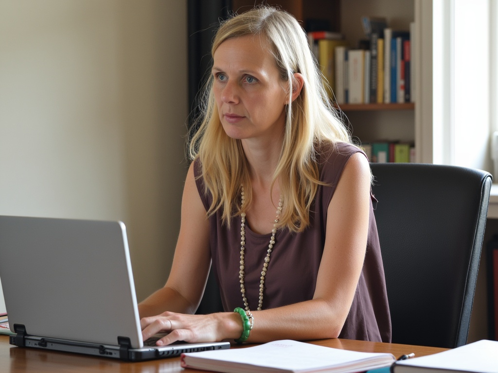 Erkenhild am Schreibtisch mit Laptop